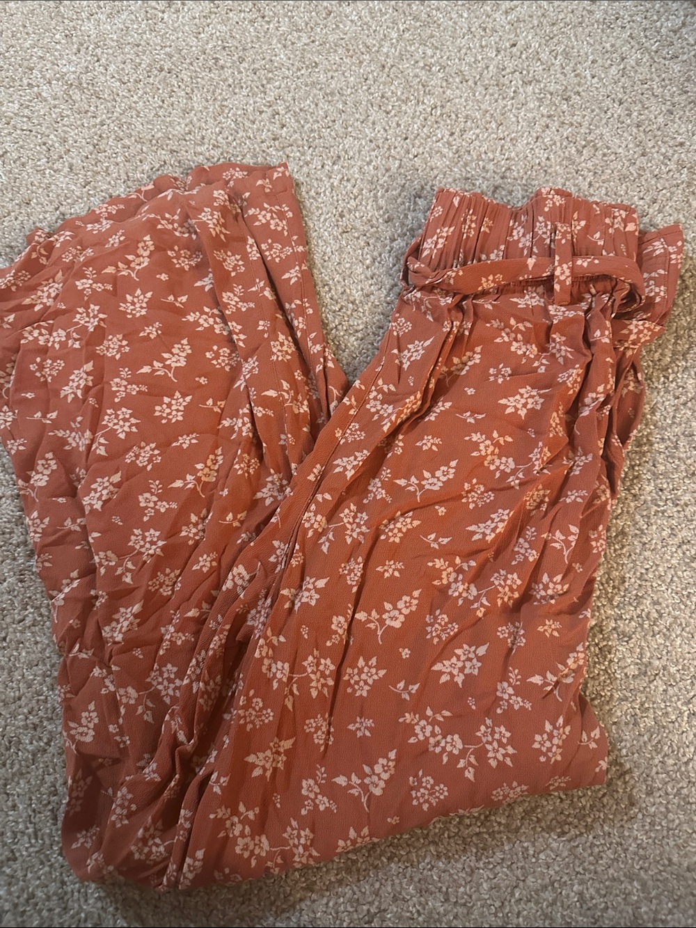 American Eagle Rust Floral Paperbag Waist Wide-Leg Pants